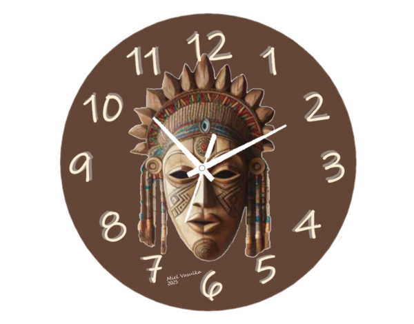 African Mask Clock featuring a traditional African mask design with bold patterns and vibrant details, crafted from durable materials and a clear clock face, perfect for cultural and artistic decor.