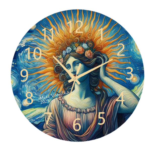"Aphrodite Clock featuring an elegant depiction of the goddess of love with an easy-to-read clock face."