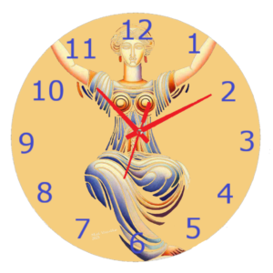 Athena Clock featuring a depiction of the Greek goddess Athena with her shield and owl, crafted from durable materials with a clear, easy-to-read design, perfect for mythology and art enthusiasts.