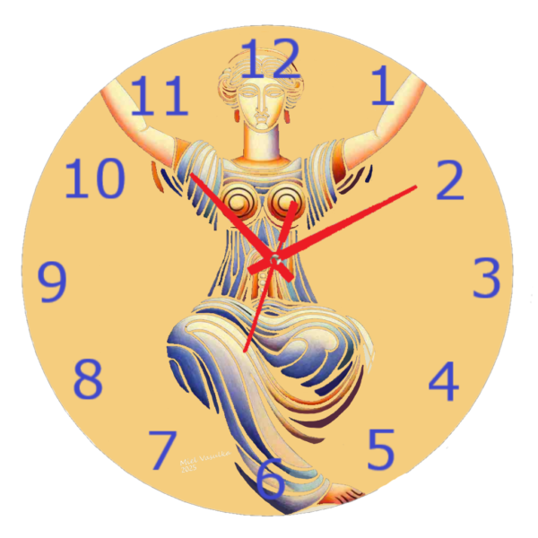 Athena Clock featuring a depiction of the Greek goddess Athena with her shield and owl, crafted from durable materials with a clear, easy-to-read design, perfect for mythology and art enthusiasts.