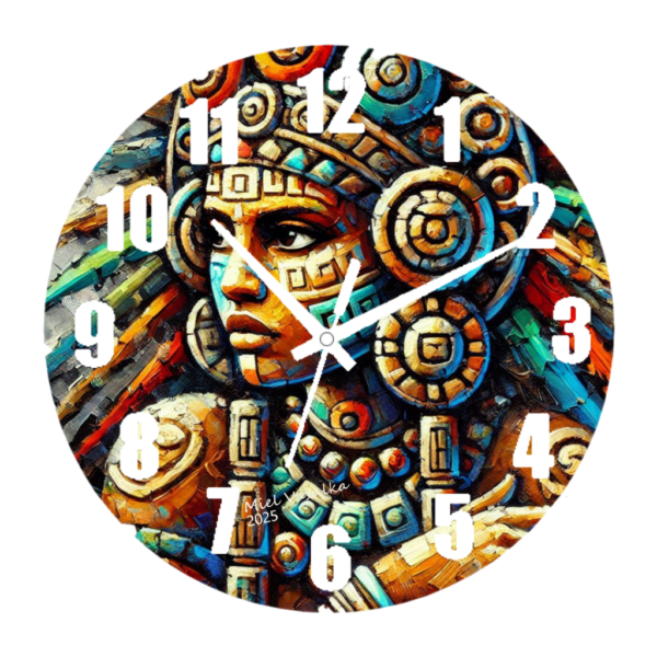 Aztec Woman Clock featuring a design of a traditional Aztec woman with intricate patterns, crafted from durable materials with an easy-to-read face, perfect for cultural and artistic decor.