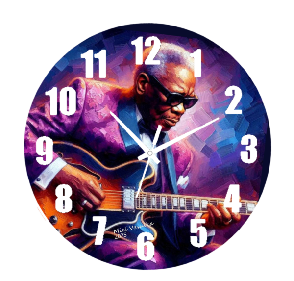 BB King Impasto Clock featuring a textured, hand-painted image of the legendary blues musician, with vibrant brushstrokes and a sleek, minimalist clock design. Perfect for music lovers and art enthusiasts.