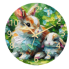 "Baby Bunny and Mom Clock featuring a sweet design of a baby bunny snuggled next to its mother, with an easy-to-read clock face."