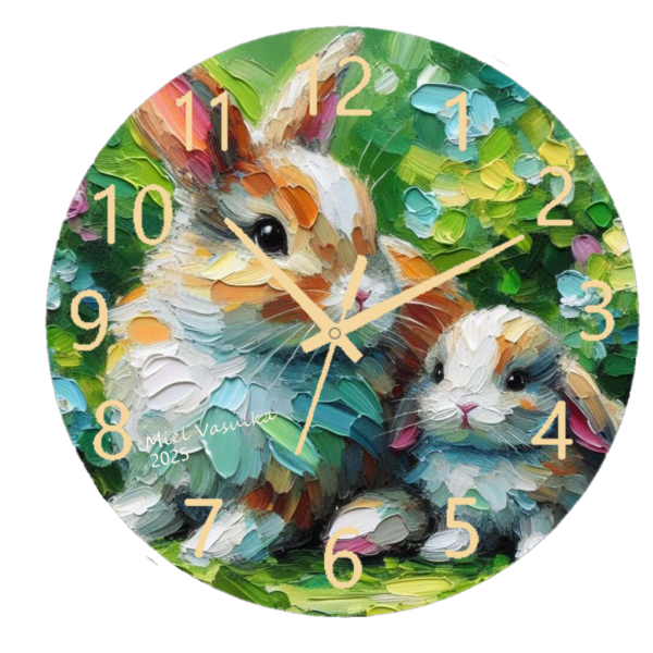 "Baby Bunny and Mom Clock featuring a sweet design of a baby bunny snuggled next to its mother, with an easy-to-read clock face."