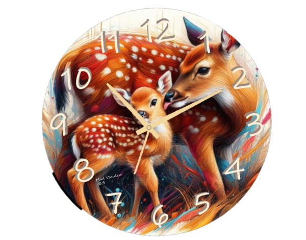 "Baby Deer with Mother Clock featuring a heartwarming depiction of a mother deer and her baby fawn in a peaceful forest setting, with an easy-to-read clock face."