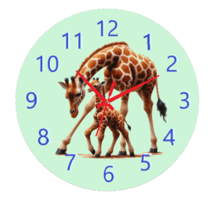 "Baby Giraffe and Mom Clock featuring a tender moment between a giraffe calf and its mother, with an easy-to-read clock face."