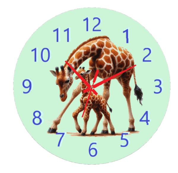 "Baby Giraffe and Mom Clock featuring a tender moment between a giraffe calf and its mother, with an easy-to-read clock face."