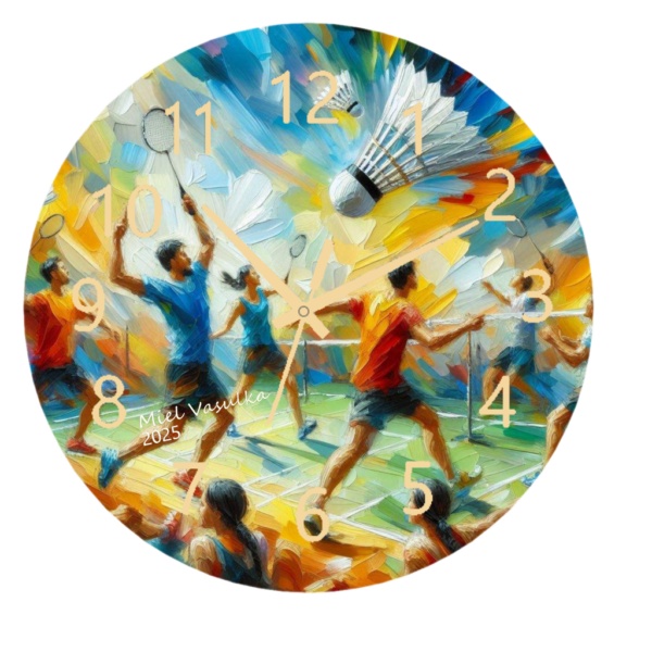 "Badminton Clock featuring an action-packed scene of a badminton match with an easy-to-read clock face."