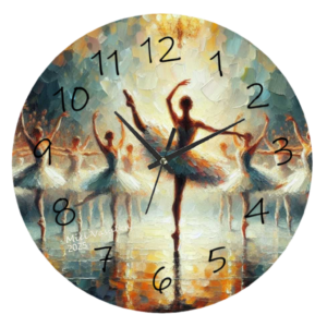 "Ballet Clock featuring a graceful ballet dancer in motion with an easy-to-read clock face."