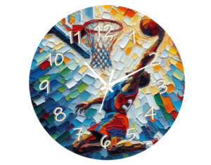 Basketball Clock with a basketball player in action.