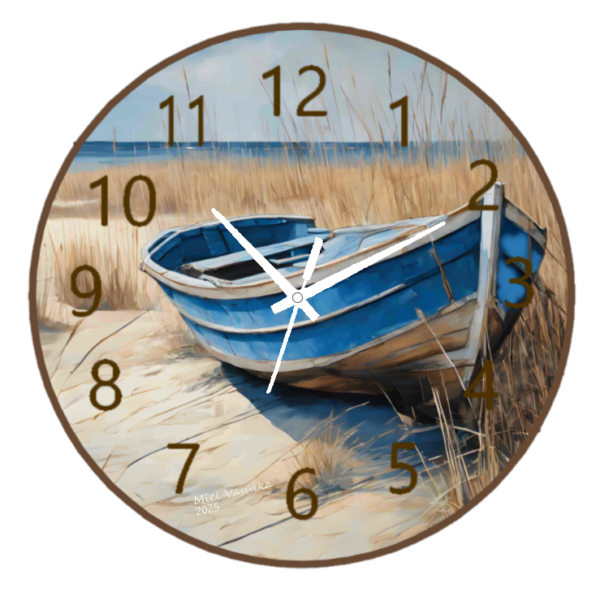 Beached Boat Clock featuring a serene coastal design with a boat on the sand, durable materials, and easy-to-read numbers, perfect for nautical-themed spaces.