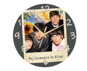 "Beatles Clock featuring iconic album art and silent quartz movement, perfect for music lovers and collectors."