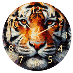 "Bengal Tiger Clock featuring a majestic image of a Bengal tiger with a clear, easy-to-read clock face."
