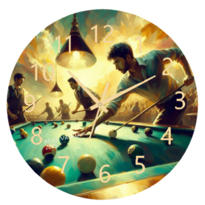 "Billiards Match Clock featuring a dynamic billiards game design with an easy-to-read clock face."