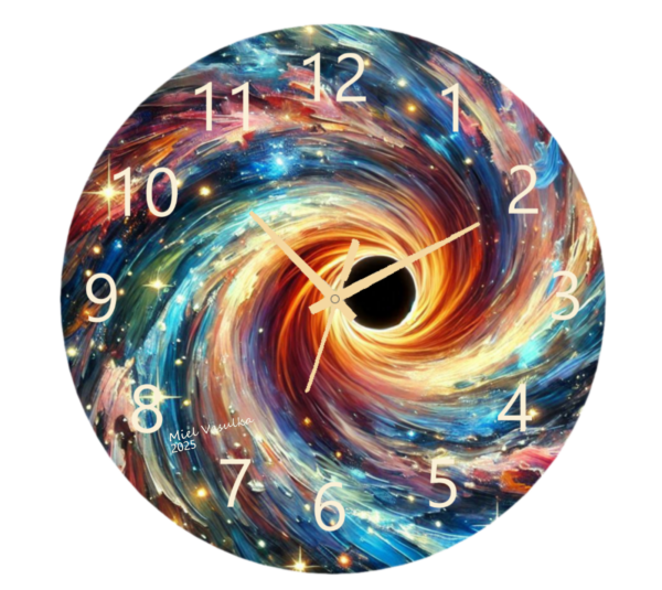 "Black Hole Clock featuring a captivating swirling black hole design with an easy-to-read clock face."