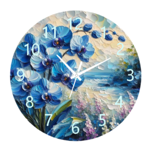 Blue Orchids Clock featuring a delicate floral design of blue orchids, weather-resistant material, and easy-to-read numbers, perfect for indoor and outdoor use