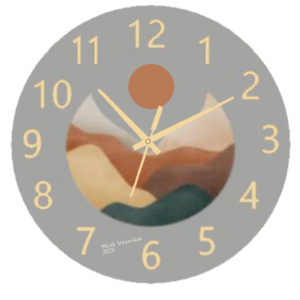 Boho Sunset Clock featuring warm, earthy tones inspired by sunsets, weather-resistant material, and clear numbers, perfect for indoor and outdoor use.