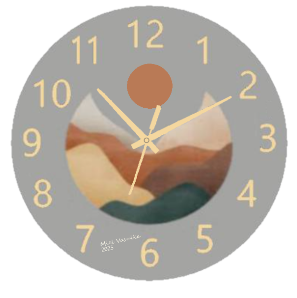 Boho Sunset Clock featuring warm, earthy tones inspired by sunsets, weather-resistant material, and clear numbers, perfect for indoor and outdoor use.