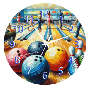 Bowling Clock featuring a fun design with bowling pins and a rolling ball, ideal for game rooms and bowling enthusiasts, with a clear and functional clock face.
