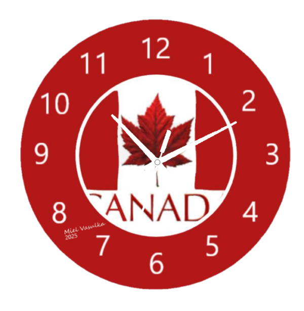 "Canada Flag 1 Clock featuring the iconic red and white Canadian flag design, with easy-to-read numerals and a durable construction for accurate timekeeping."