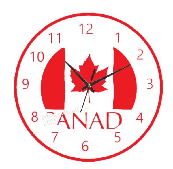 "Canada Flag Clock featuring a red and white maple leaf design with bold, easy-to-read numbers and a silent quartz movement."