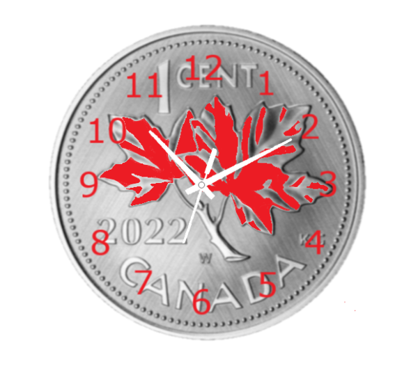 "Canadian Penny Clock featuring genuine pennies arranged in a unique, patriotic design with a sleek frame and quartz movement."
