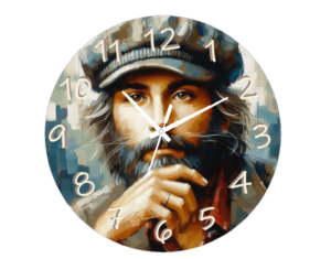 "Cat Stevens Clock featuring vibrant artwork inspired by the legendary musician, with a silent quartz movement for accurate timekeeping and a sleek, artistic design."