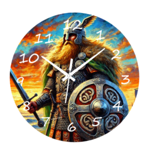 Celtic Warrior Clock with intricate knotwork and a bold warrior design, crafted with durable materials and an easy-to-read face, perfect for Celtic-inspired and historical decor.