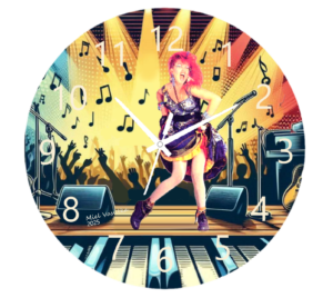 "Colorful Cyndi Lauper-inspired clock with a bold design, featuring a vibrant face and silent quartz movement, perfect for fans and collectors."