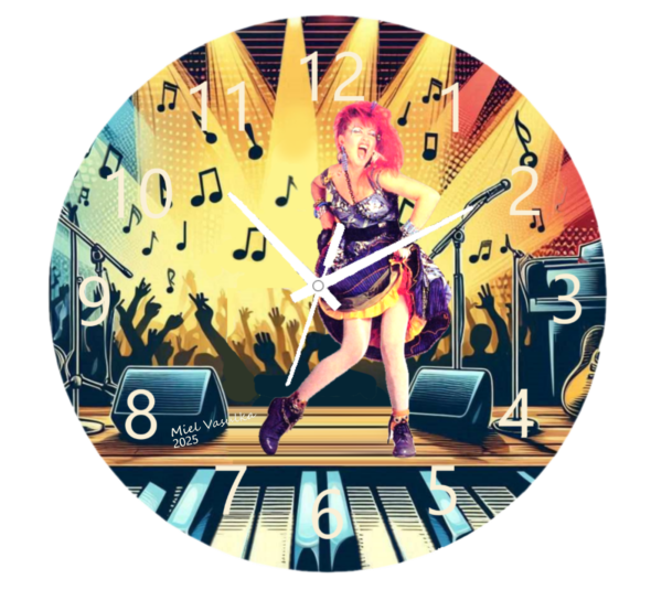 "Colorful Cyndi Lauper-inspired clock with a bold design, featuring a vibrant face and silent quartz movement, perfect for fans and collectors."