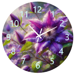 Clematis Clock featuring a delicate design of clematis flowers in bloom, ideal for nature-inspired or floral-themed decor, with a clear and functional clock face.