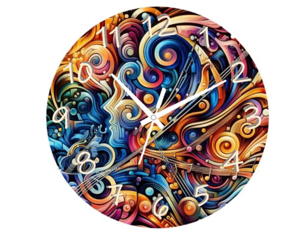 Color of Music Clock featuring vibrant musical notes and colorful design, stylish wall timepiece for home or office decor