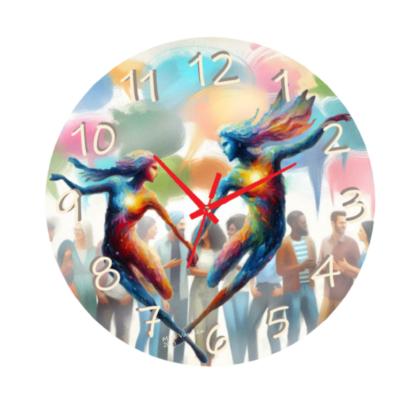 Gemini Communication Clock featuring a vibrant and lively design, durable materials, and easy-to-read numbers, perfect for spaces that celebrate connection and conversation.