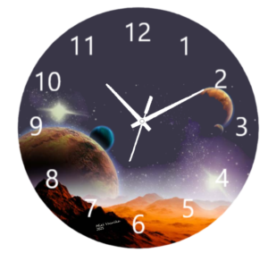 Cosmos Clock featuring a celestial design with stars, galaxies, and vibrant colors, weather-resistant material, and easy-to-read numbers, perfect for indoor and outdoor use.