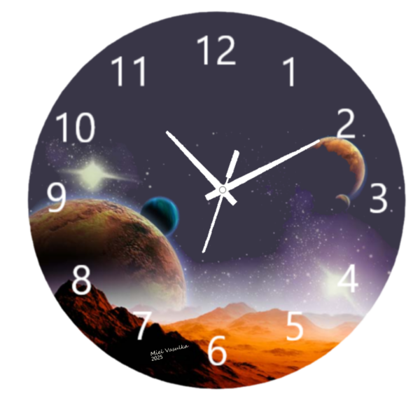 Cosmos Clock featuring a celestial design with stars, galaxies, and vibrant colors, weather-resistant material, and easy-to-read numbers, perfect for indoor and outdoor use.