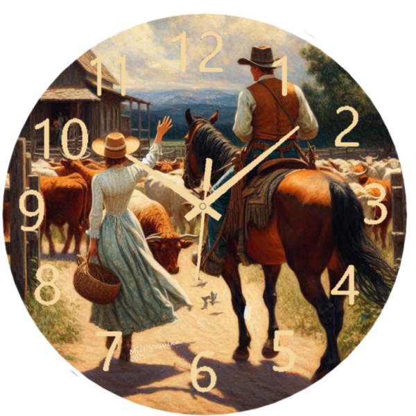 Cowboy at a Ranch Clock with detailed imagery of a cowboy in action, perfect for western and rustic-themed decor, with a clear clock face and durable materials.