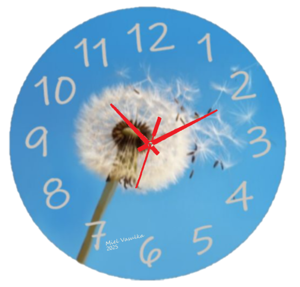 Dandelion Clock featuring a delicate design of dandelions in the breeze, weather-resistant material, and large, easy-to-read numbers, perfect for indoor and outdoor spaces.