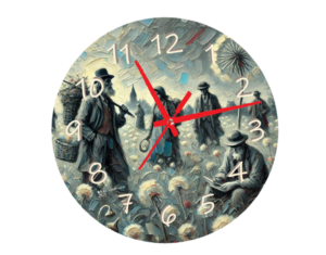 Dandelion People Clock featuring whimsical figures intertwined with dandelion designs, ideal for artistic and nature-inspired decor, with a clear clock face.