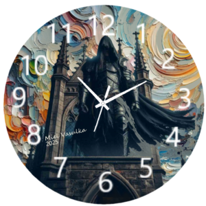 Dark Knight Steeped in Ambiguity Clock with a shadowy knight design, ideal for fantasy or gothic decor, featuring a clear clock face and durable materials.