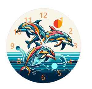 Dolphin Clock featuring dolphins gliding through the ocean, ideal for beach-themed or marine-inspired decor, with a clear clock face and durable construction.