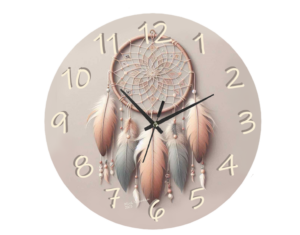 "Wall clock inspired by a dreamcatcher design in warm brown tones, featuring intricate patterns and a minimalist clock face, perfect for rustic or bohemian home décor."