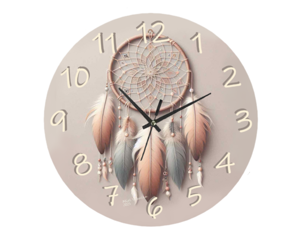 "Wall clock inspired by a dreamcatcher design in warm brown tones, featuring intricate patterns and a minimalist clock face, perfect for rustic or bohemian home décor."