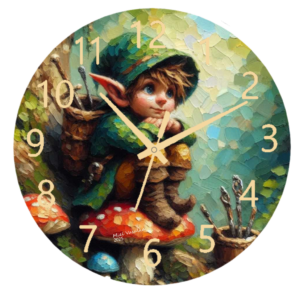 Elf on a Mushroom Clock with a whimsical design of an elf sitting on a mushroom, crafted with durable materials and an easy-to-read face, perfect for adding charm and fun to any room.