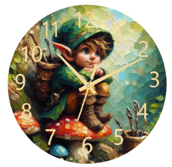 Elf on a Mushroom Clock with a whimsical design of an elf sitting on a mushroom, crafted with durable materials and an easy-to-read face, perfect for adding charm and fun to any room.