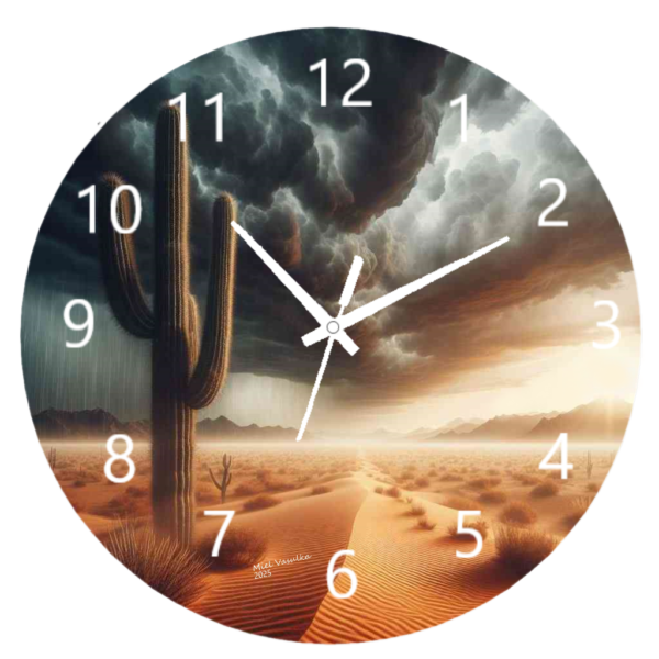 Endless Desert Clock featuring a serene design of golden sand dunes, weather-resistant material, and easy-to-read numbers, perfect for indoor and outdoor use