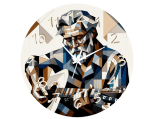 "Eric Clapton-inspired Cubism wall clock with a geometric design, vibrant colors, and silent quartz movement, perfect for music and art enthusiasts