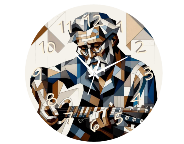 "Eric Clapton-inspired Cubism wall clock with a geometric design, vibrant colors, and silent quartz movement, perfect for music and art enthusiasts