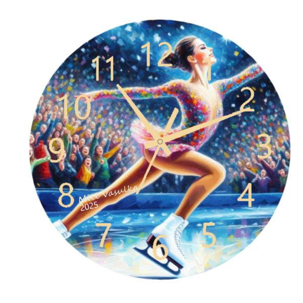 Figure Skating Clock featuring a graceful skater performing a spin with an easy-to-read clock face.