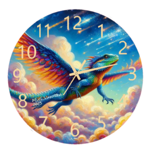 Flying Lizard Clock featuring a detailed illustration of a gliding lizard with an easy-to-read clock face.