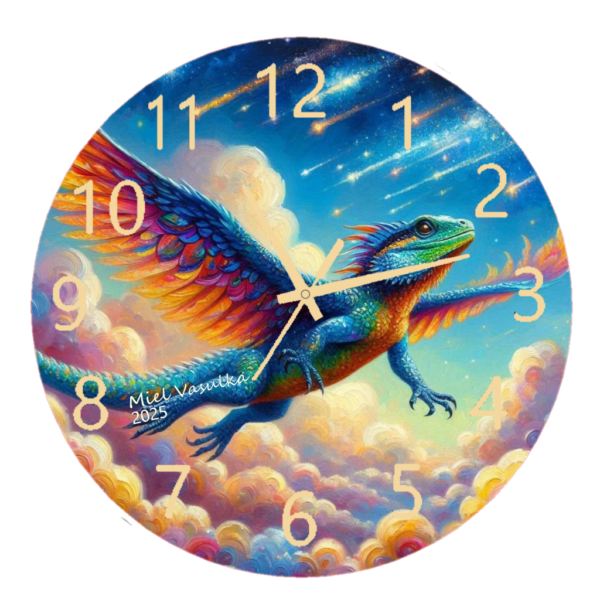 Flying Lizard Clock featuring a detailed and vibrant design of a lizard in flight, perfect for fantasy and nature-inspired decor, with a clear clock face and durable materials.